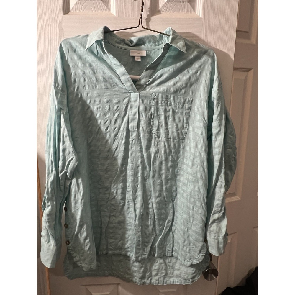 j.jill Textured Side-Button Shirttail Tunic 100%Cotton Women's Size M Blue Green